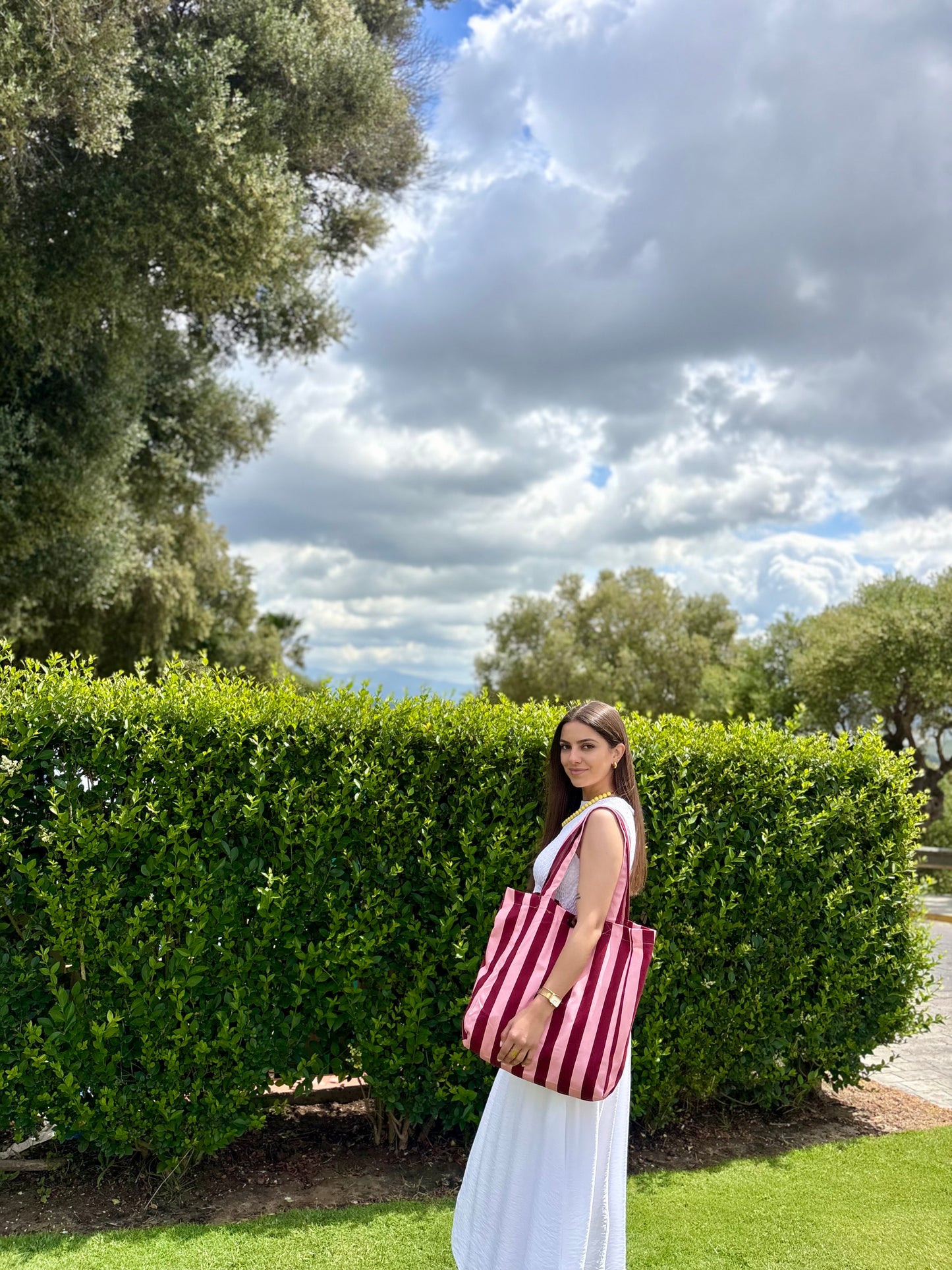 BOLSO SHOPPER TELA RAYAS MORADO-ROSA