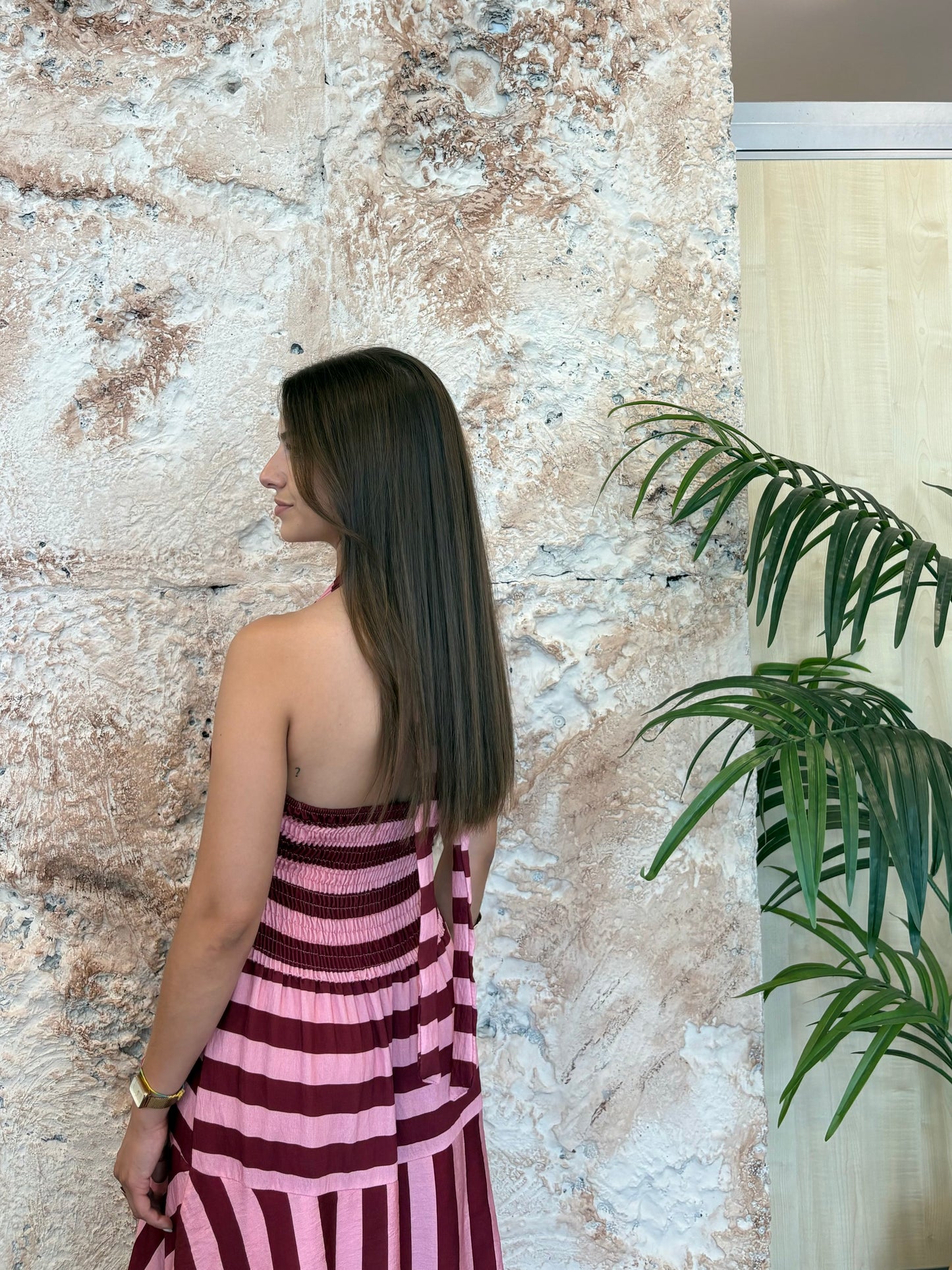 VESTIDO LARGO RAYAS VOLANTES ROSA-MORADO