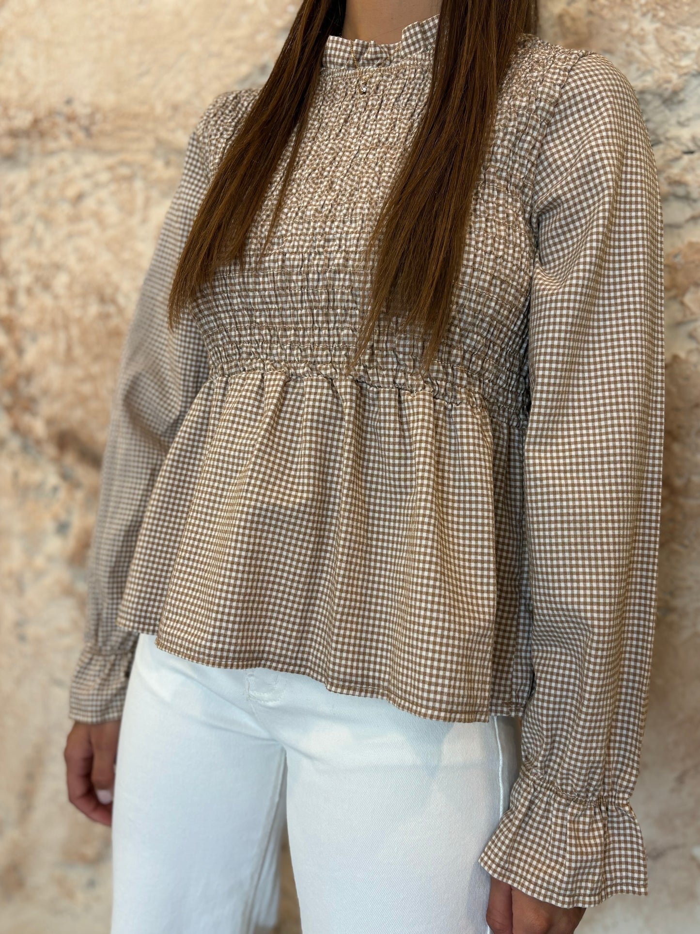 BLUSA PANEL DE ABEJA VICHY BEIGE
