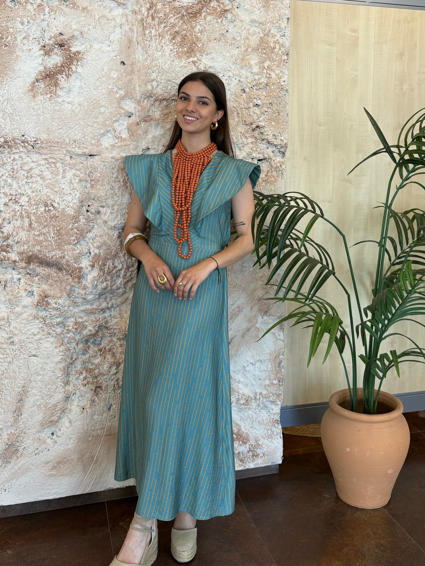 VESTIDO RAYAS VOLANTES TURQUESA-LIMA