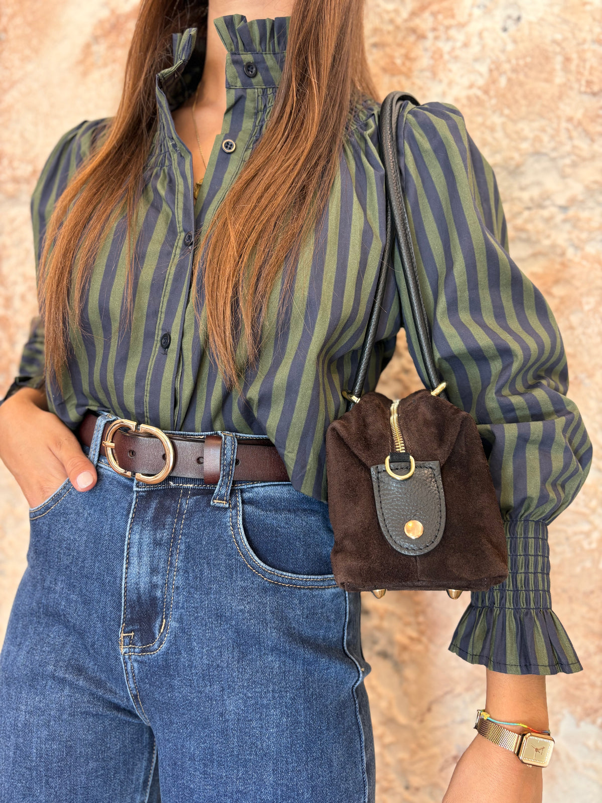 CAMISA CUELLO PANEL DE ABEJA RAYAS AZUL - VERDE
