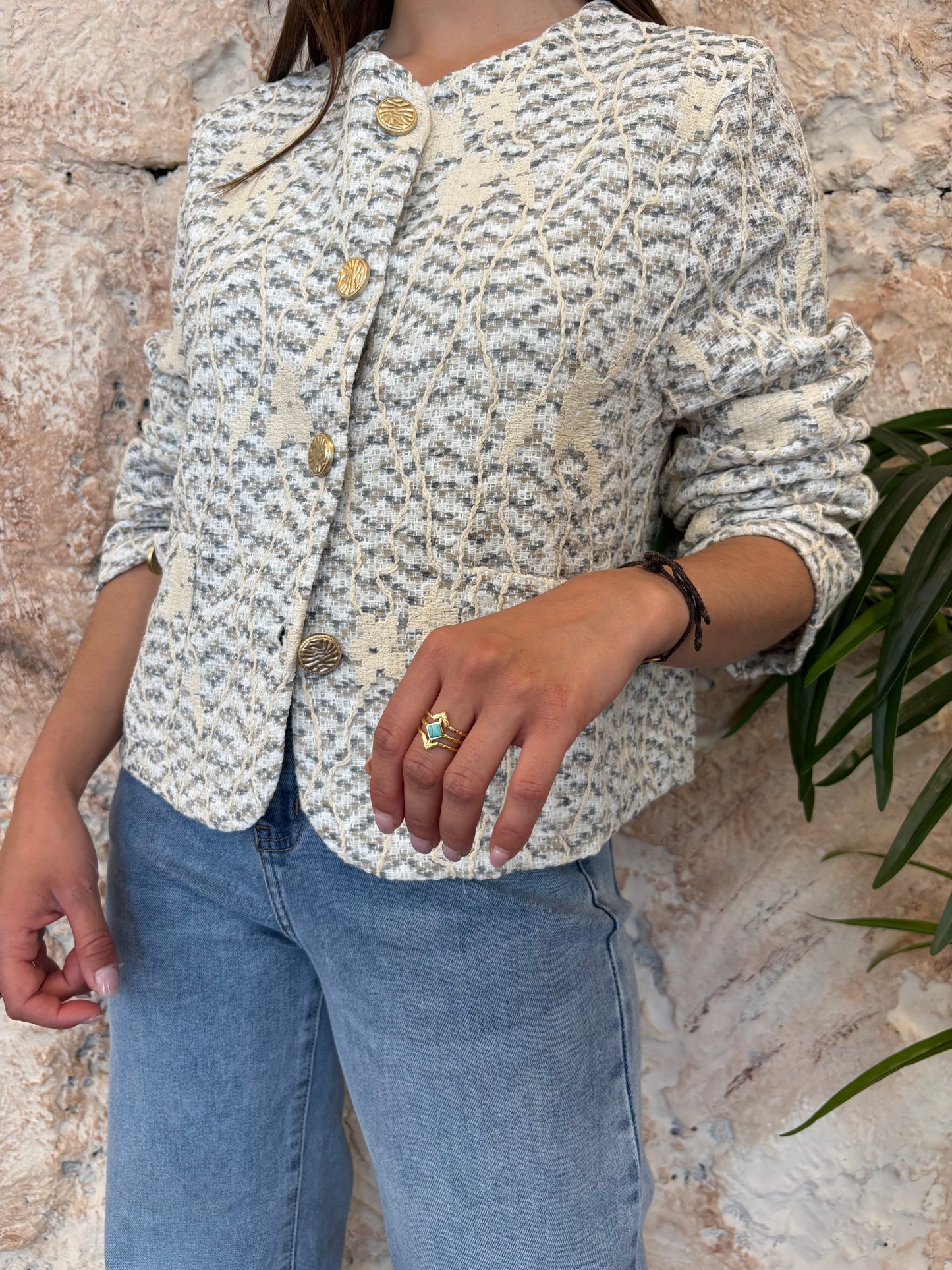 CHAQUETA ABOTONADA BORDADO FLORAL VERDE-BEIGE