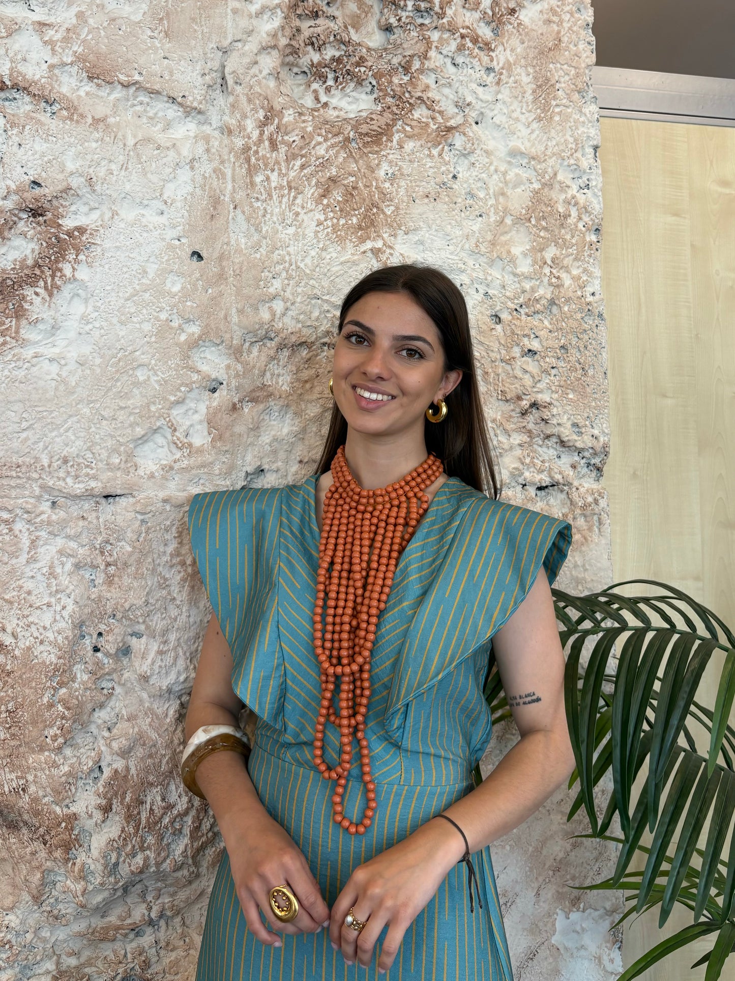 VESTIDO RAYAS VOLANTES TURQUESA-LIMA