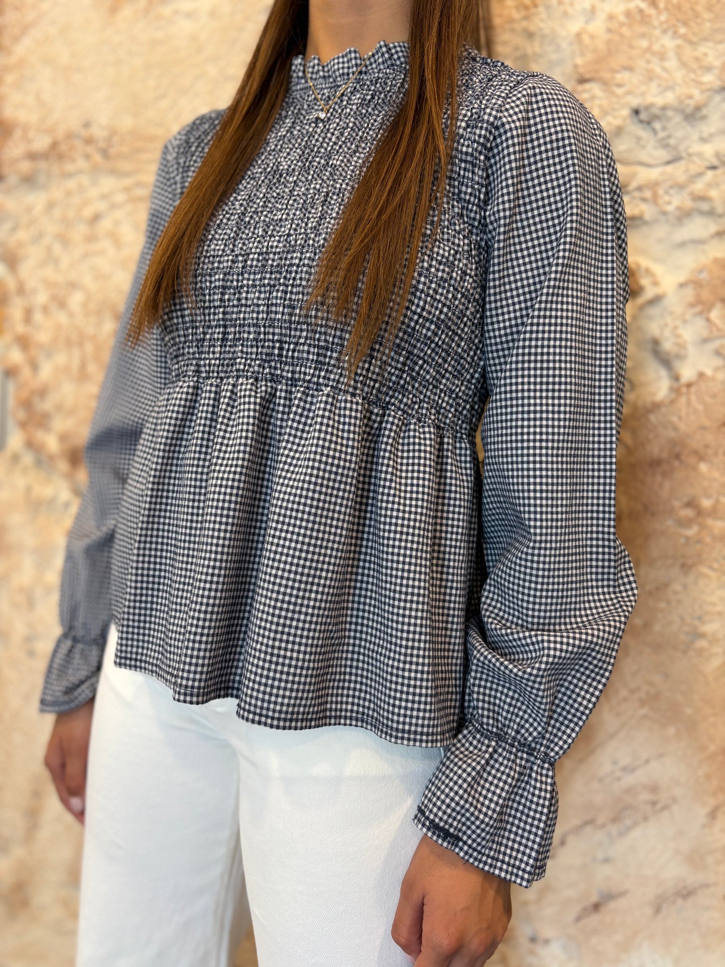 BLUSA PANEL DE ABEJA VICHY AZUL