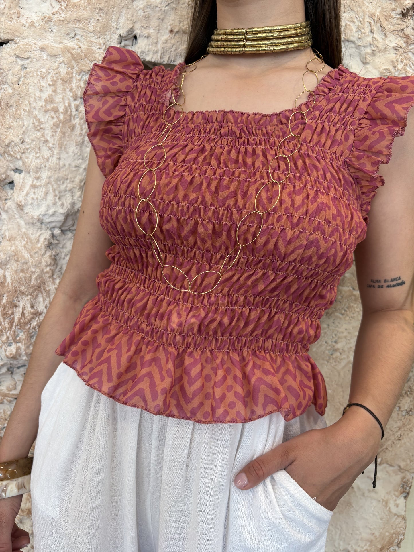 BLUSA PANEL ABEJA MANGA VOLANTES ROSA-NARANJA