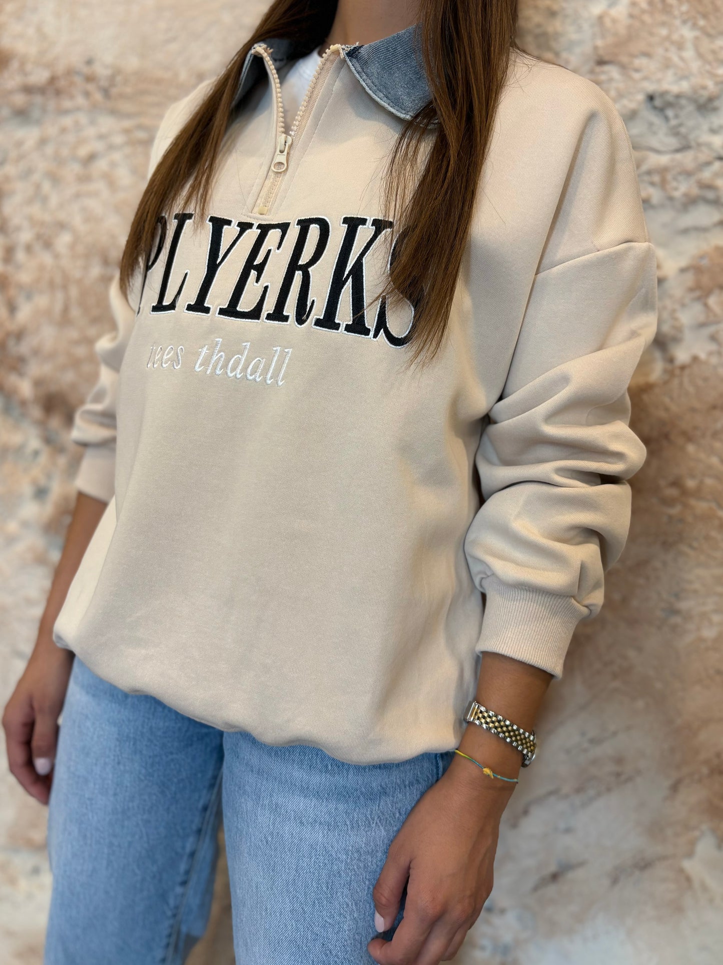 SUDADERA CUELLO DENIM BEIGE