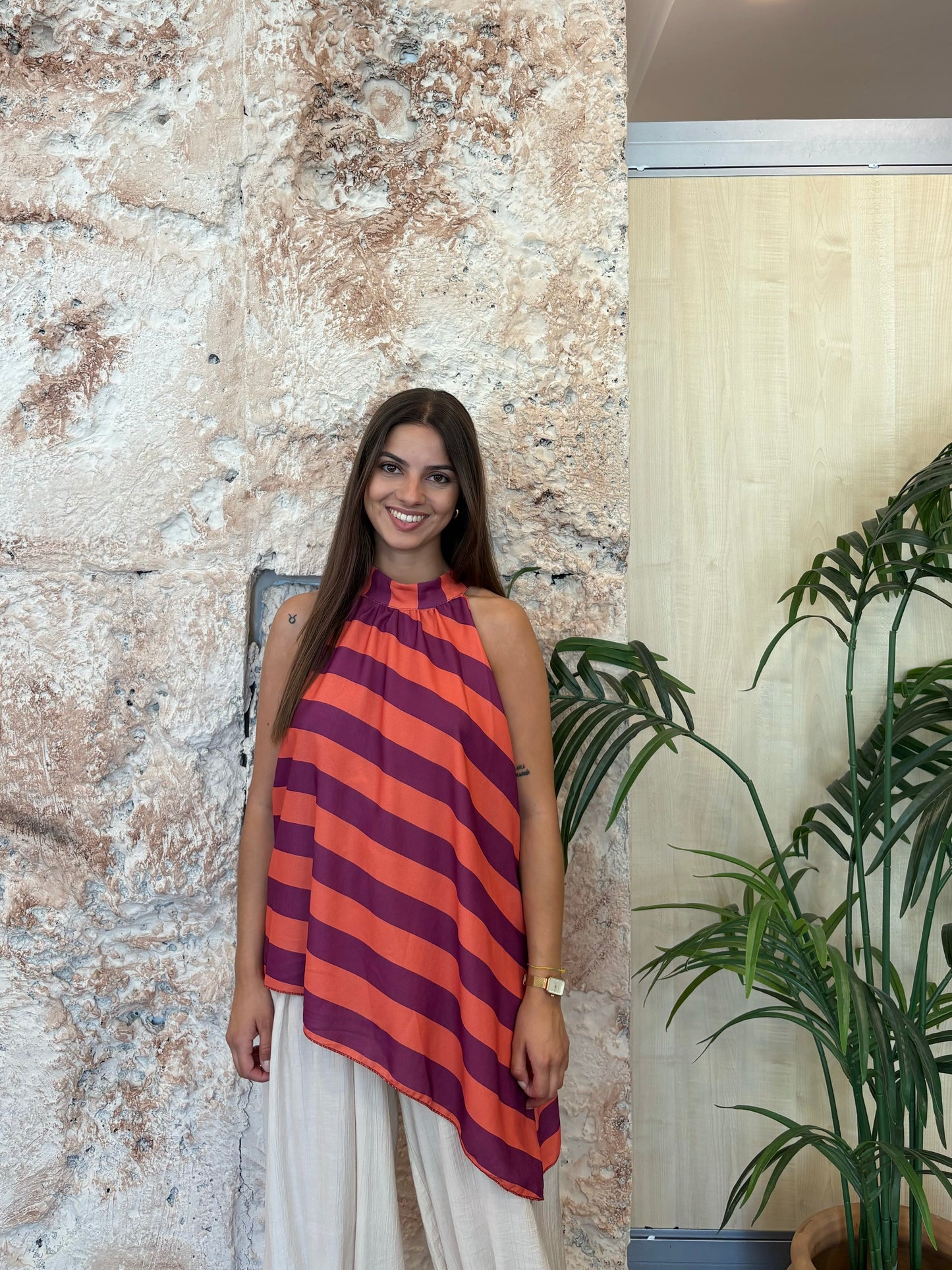 BLUSA CUELLO HALTER RAYAS NARANJA-LILA