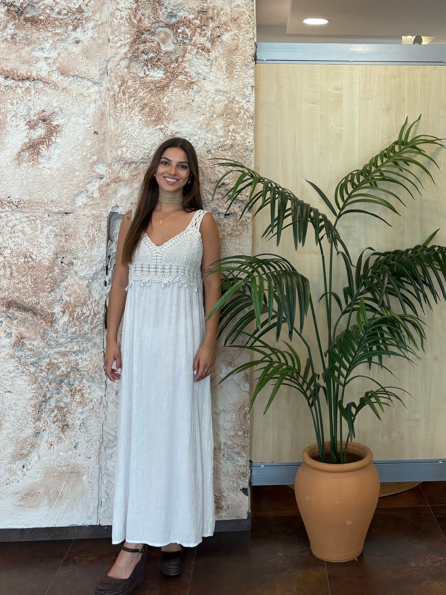 VESTIDO LARGO PECHERA CROCHET BEIGE