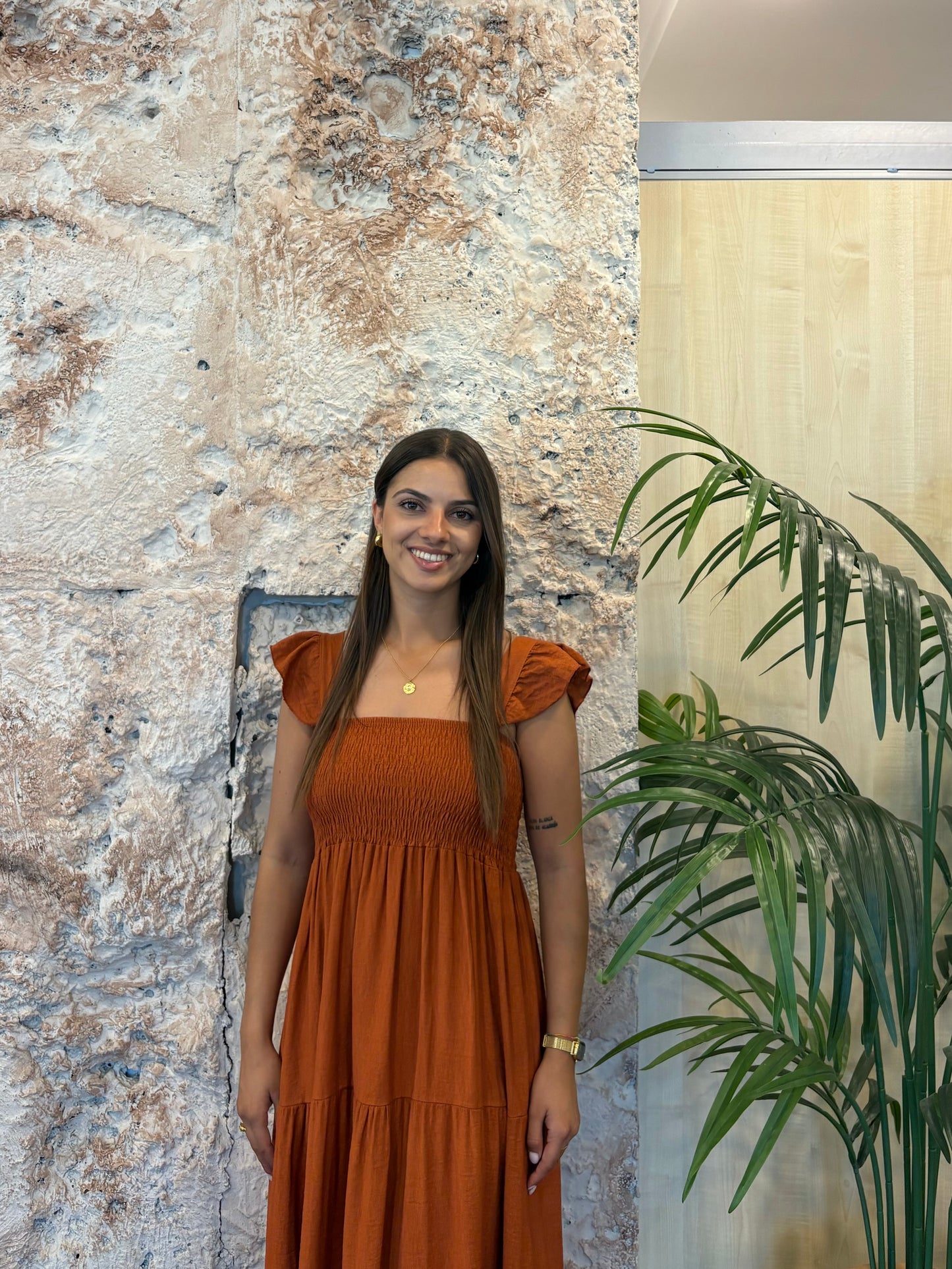 VESTIDO PANEL DE ABEJA  TIRANTE VOLANTE TEJA
