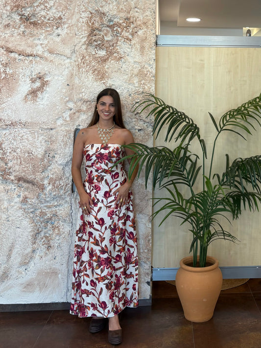 VESTIDO PALABRA DE HONOR ESTAMPADO FLORAL BEIGE-MORADO