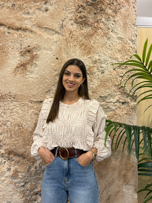 BLUSA PANEL ABEJA VICHY VOLANTES BEIGE
