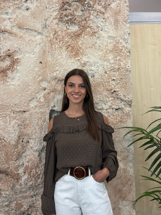BLUSA MARRÓN GLITTER HOMBRO DESCUBIERTO