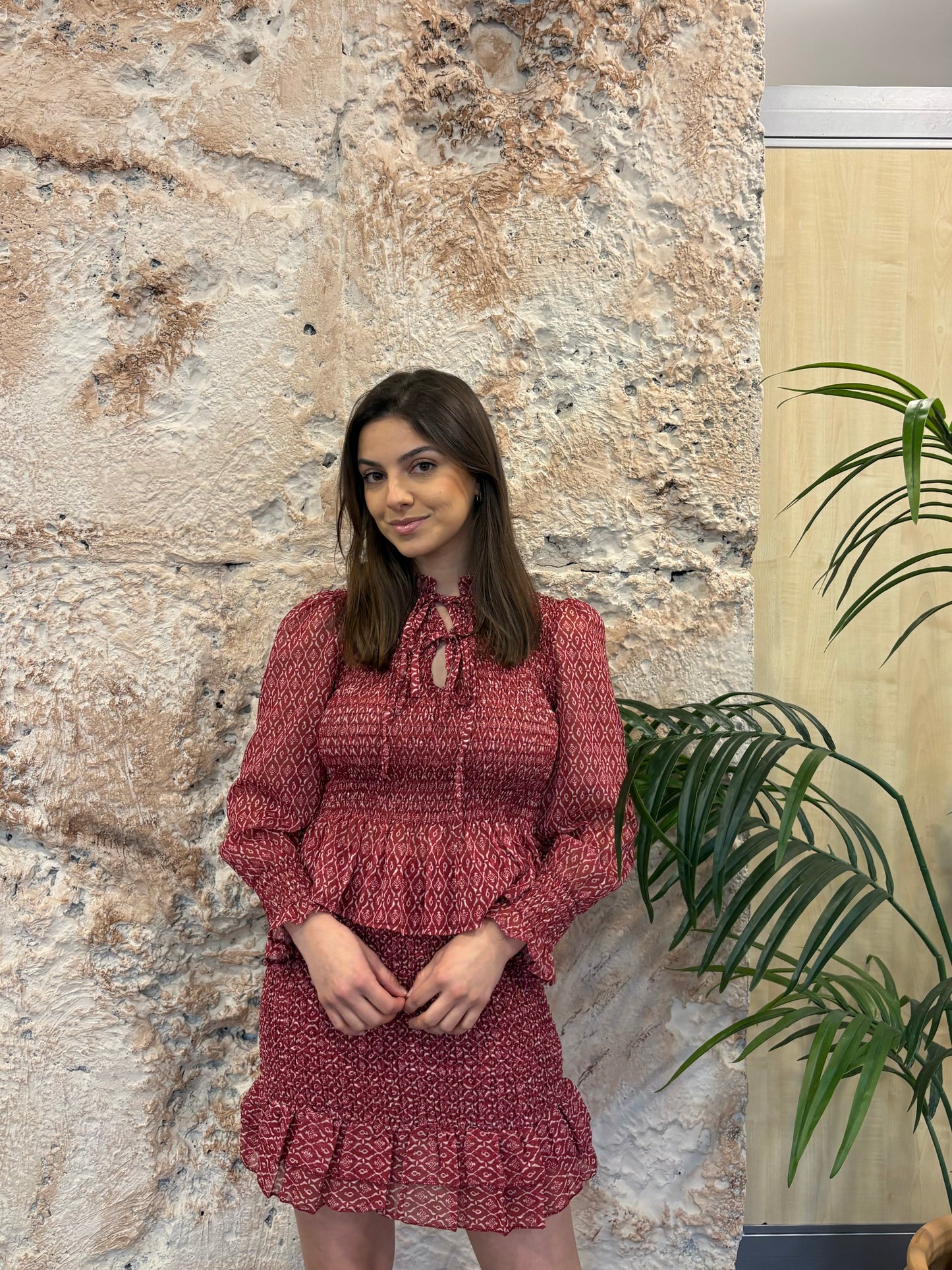 CONJUNTO ESTAMPADO BLUSA+ FALDA ROJO
