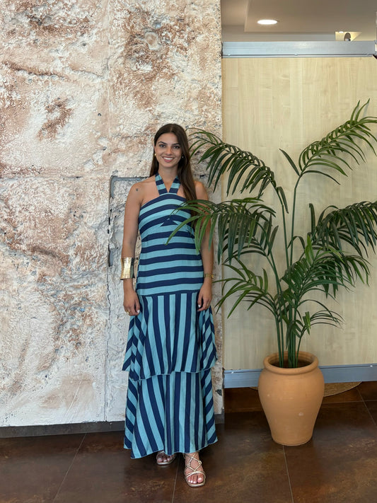 VESTIDO LARGO RAYAS VOLANTES AZUL-CELESTE