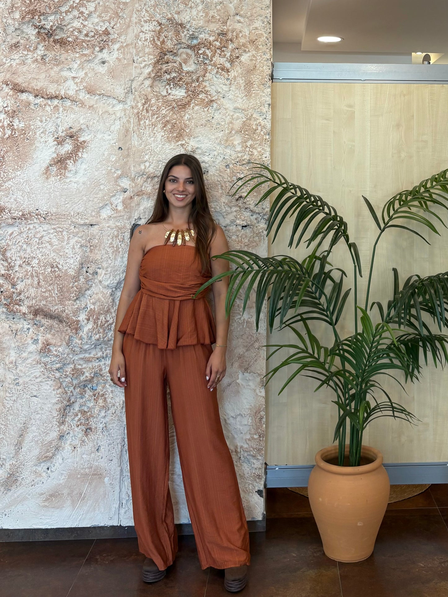 CONJUNTO TOP PALABRA DE HONOR Y PANTALÓN FLUIDO TEJA