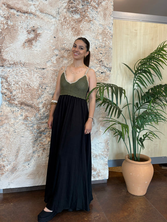 VESTIDO PECHERA CROCHET NEGRO-VERDE