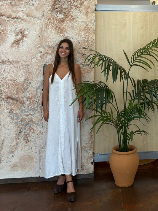 VESTIDO LINO TIRANTE DETALLE DESFLECADO BLANCO