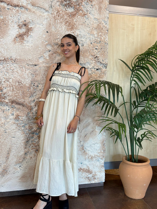 VESTIDO BEIGE CENEFA NEGRA