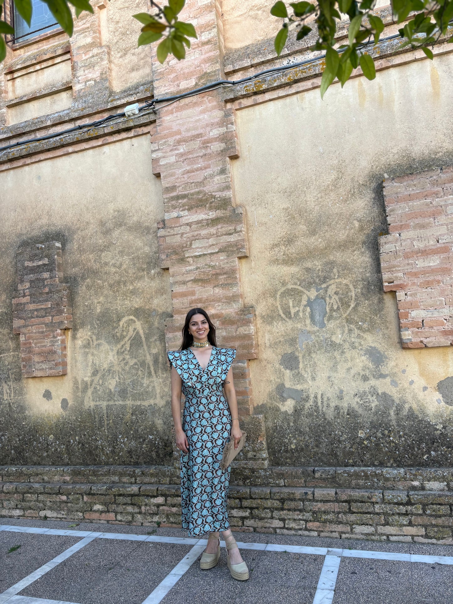 VESTIDO LARGO ESTAMPADO VERDE AGUA-MARRÓN