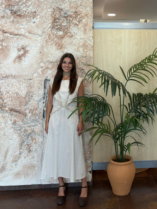 VESTIDO TIRANTE LINO BEIGE DETALLE FLECOS