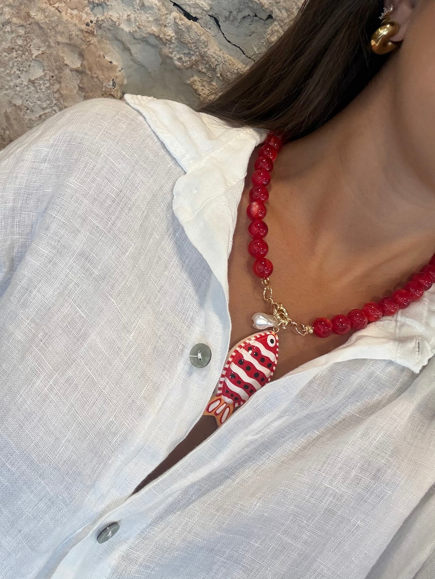 COLLAR BOLAS ROJO ABALORIO PEZ RAYAS ROJO