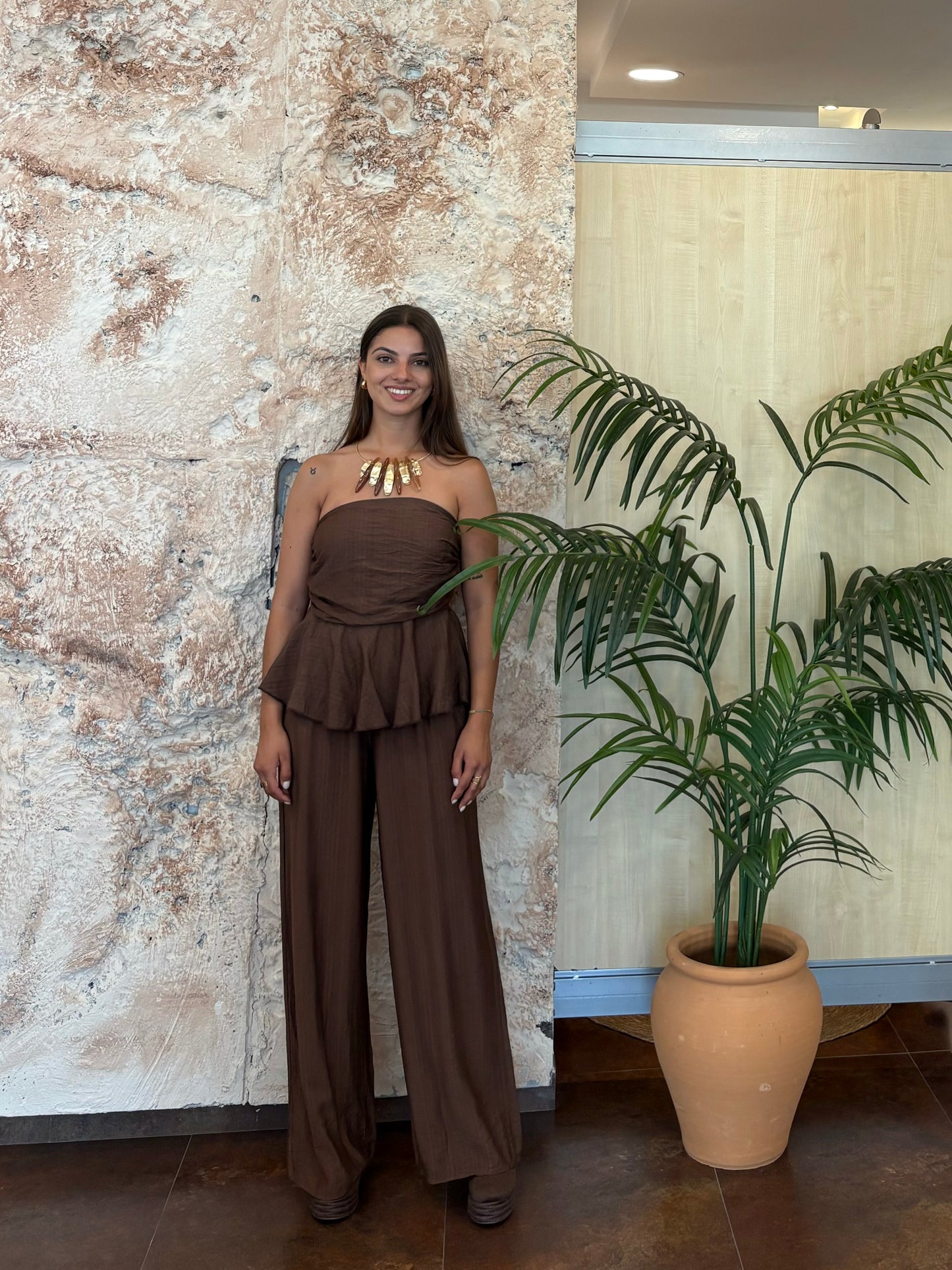 CONJUNTO TOP PALABRA DE HONOR Y PANTALÓN FLUIDO MARRÓN