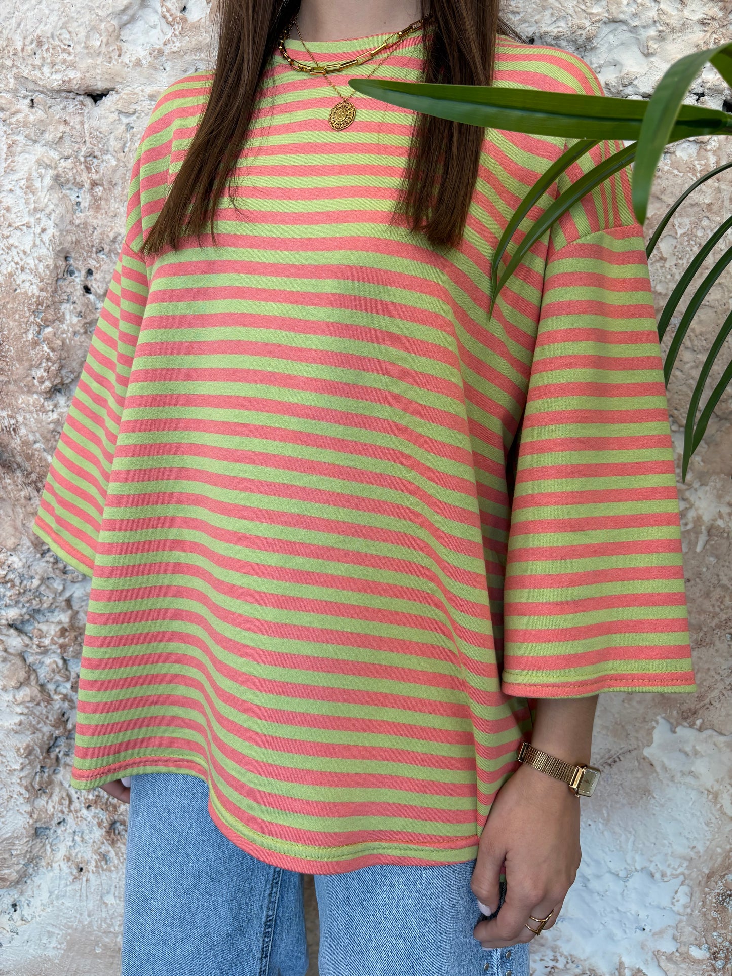 CAMISETA OVERSIZE RAYAS CORAL-LIMA