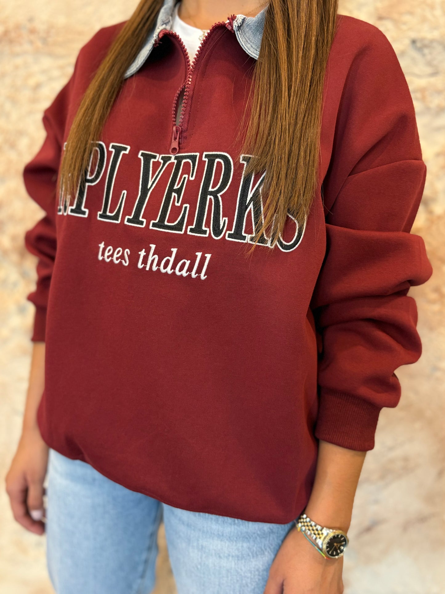 SUDADERA CUELLO DENIM BURDEOS