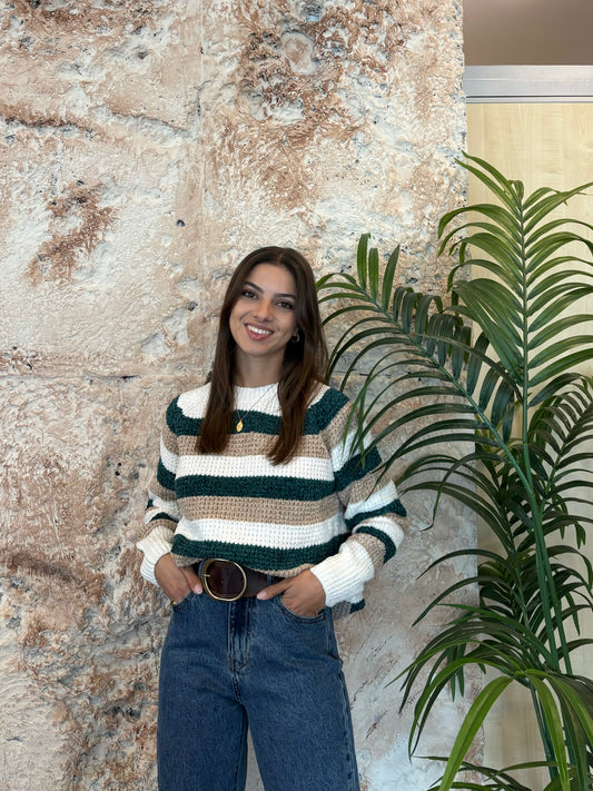 JERSEY CHENILLA RAYAS VERDE BOTELLA CAMEL