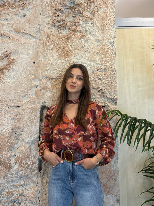 BLUSA MORADA ESTAMPADA CUELLO HALTER