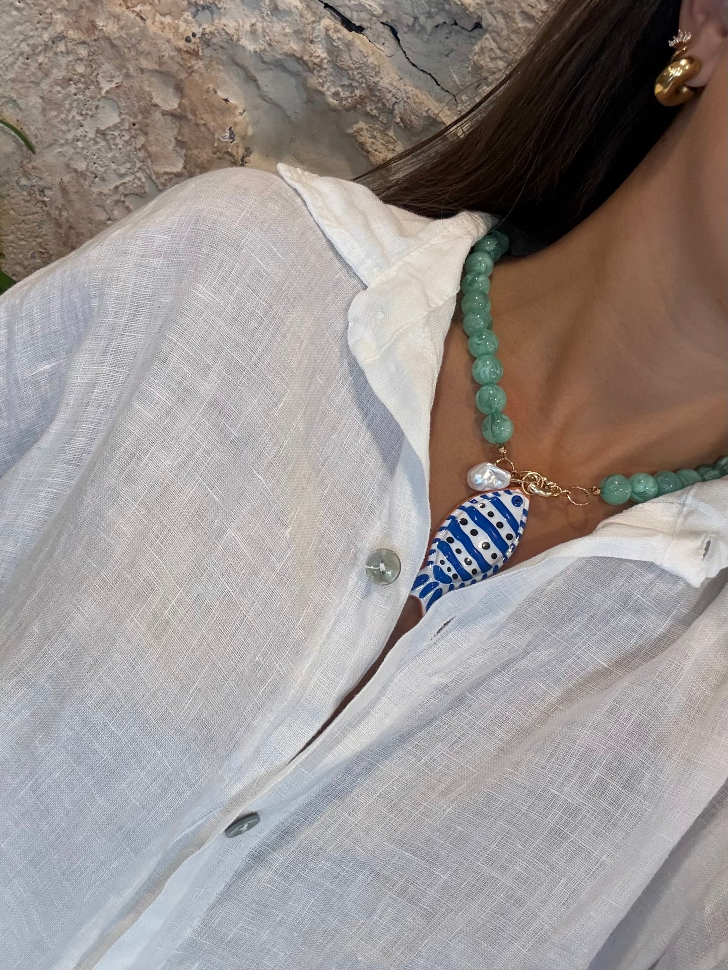 COLLAR BOLAS VERDE AGUA ABALORIO PEZ RAYAS AZUL