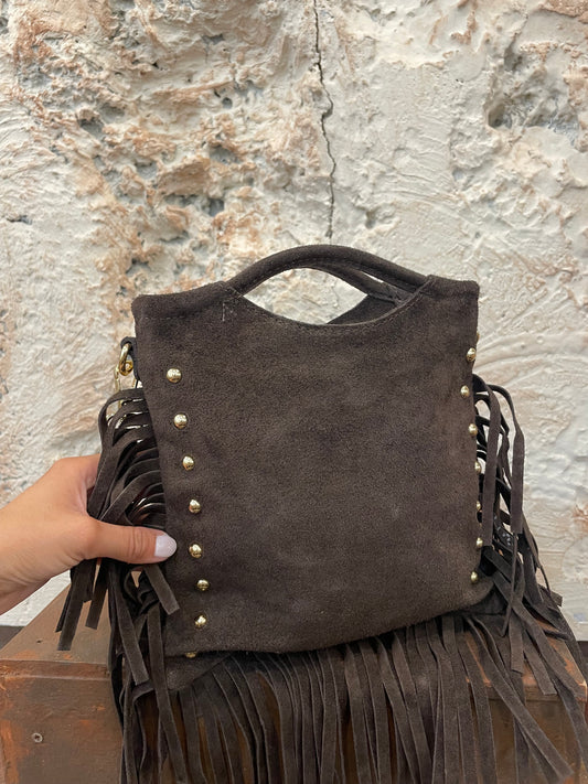 MINI BOLSO PIEL TACHAS Y FLECOS MARRÓN