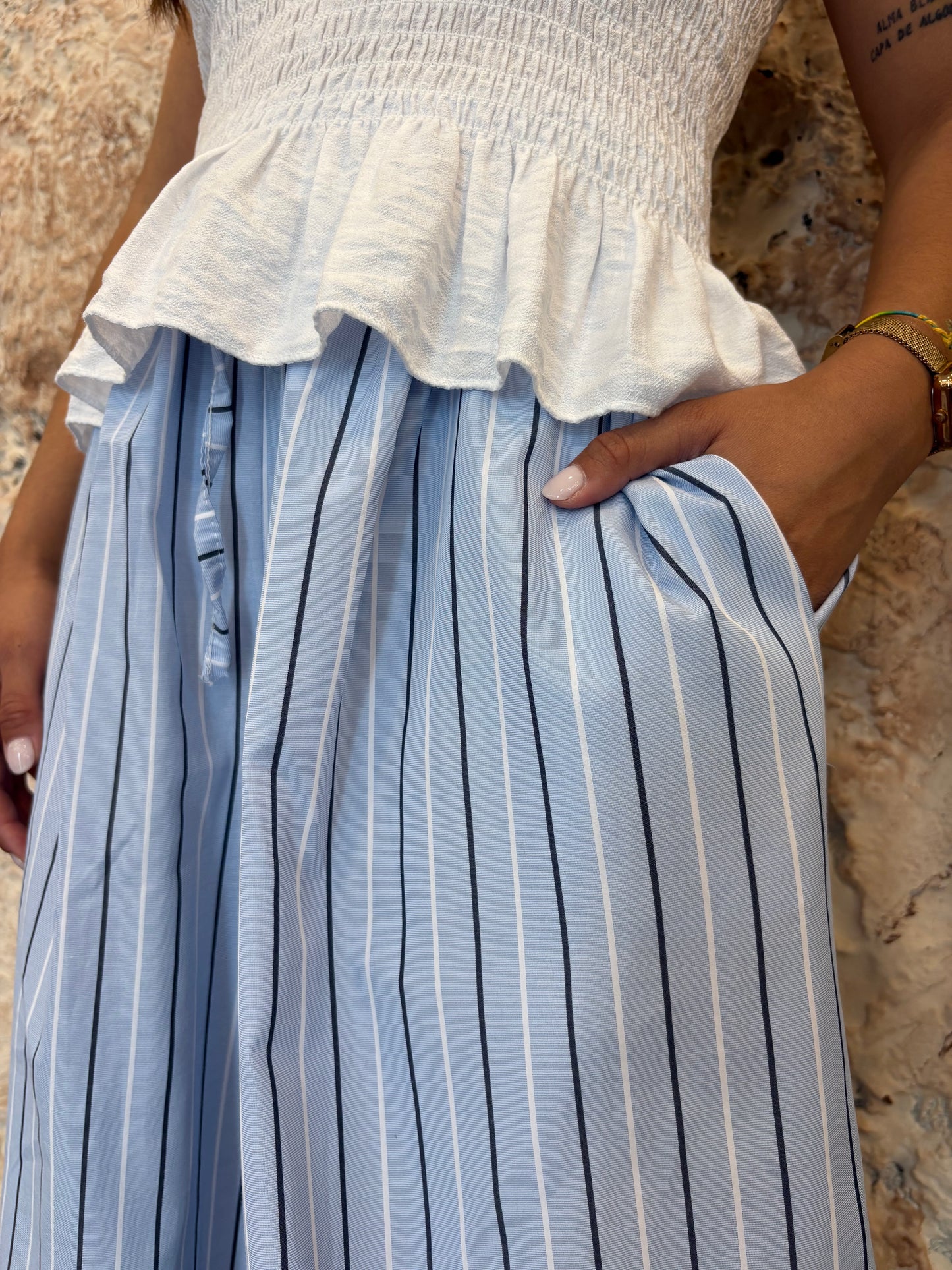 PANTALÓN BOMBACHO CELESTE RAYAS