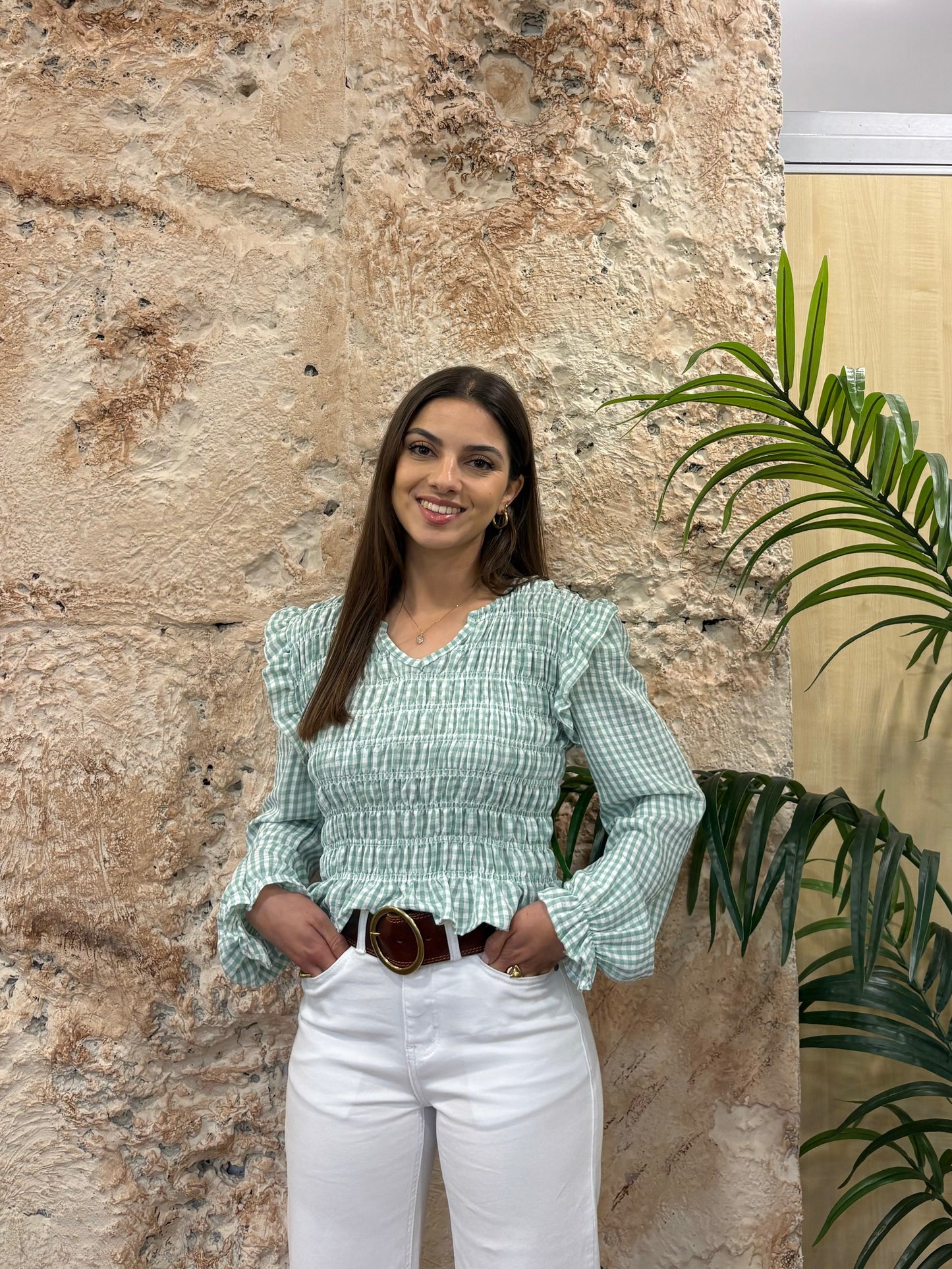 BLUSA PANEL DE ABEJA VICHY VERDE