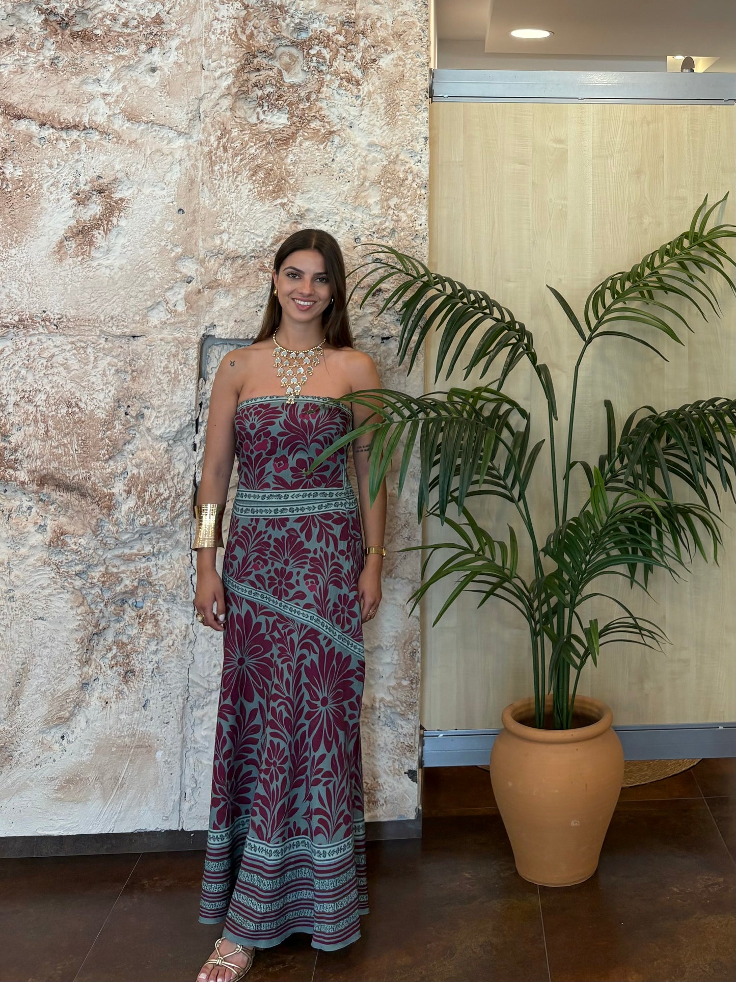 VESTIDO PALABRA DE HONOR ESTAMPADO FLORAL VERDE AGUA-BUGANVILLA