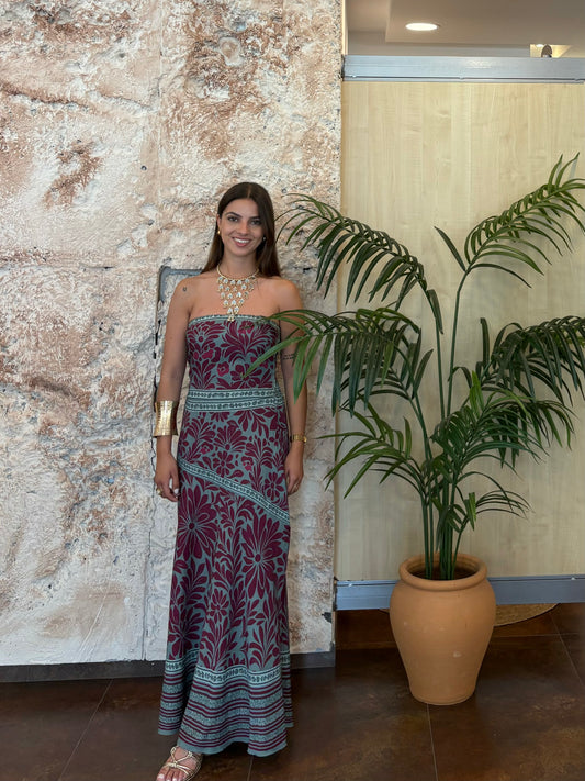 VESTIDO PALABRA DE HONOR ESTAMPADO FLORAL VERDE AGUA-BUGANVILLA