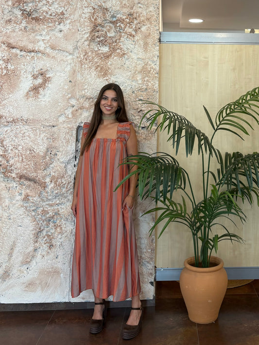 VESTIDO TIRANTE FRUNCIDO RAYAS TAUPE - NARANJA