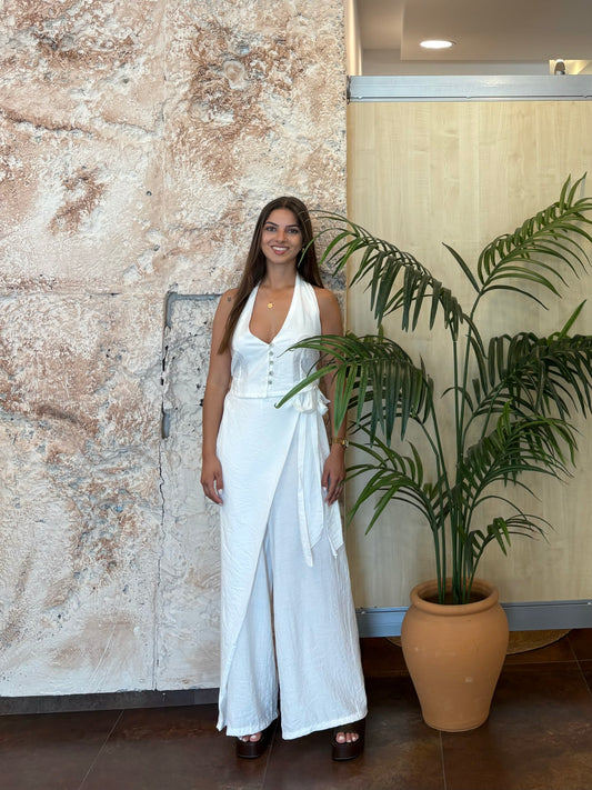 CONJUNTO TOP HALTER Y PANTALÓN PAREO LAZO BLANCO