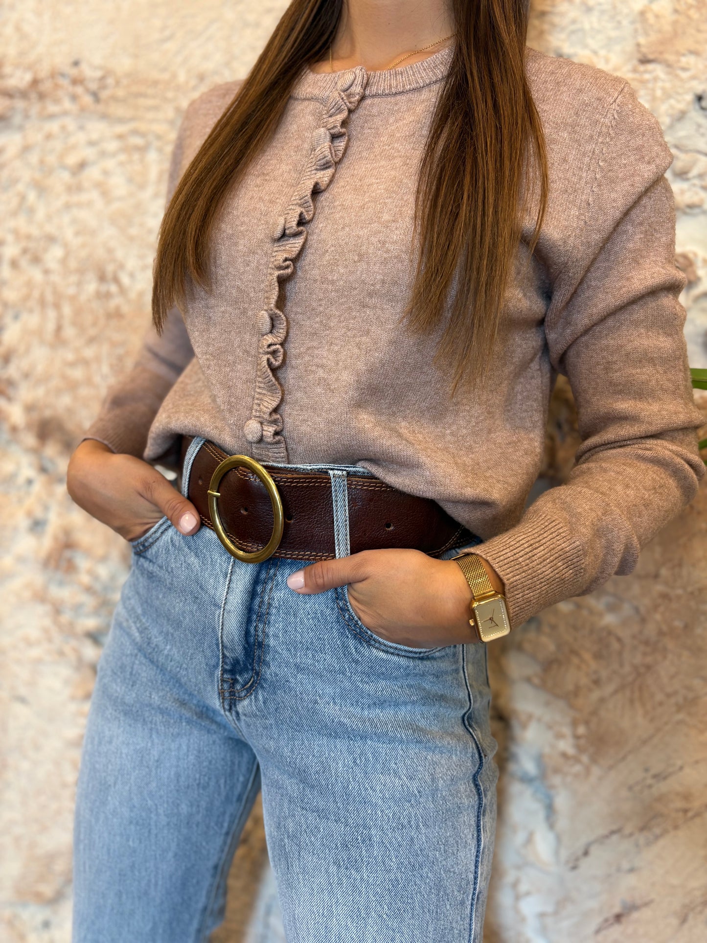 CARDIGAN PUNTO DETALLE VOLANTE FRONTAL TAUPE