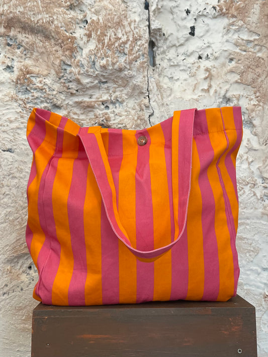 BOLSO SHOPPER TELA RAYAS NARANJA - ROSA