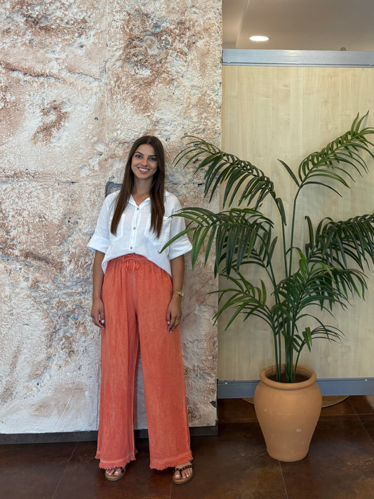 PANTALÓN EFECTO LINO NARANJA BAJO DESFLECADO