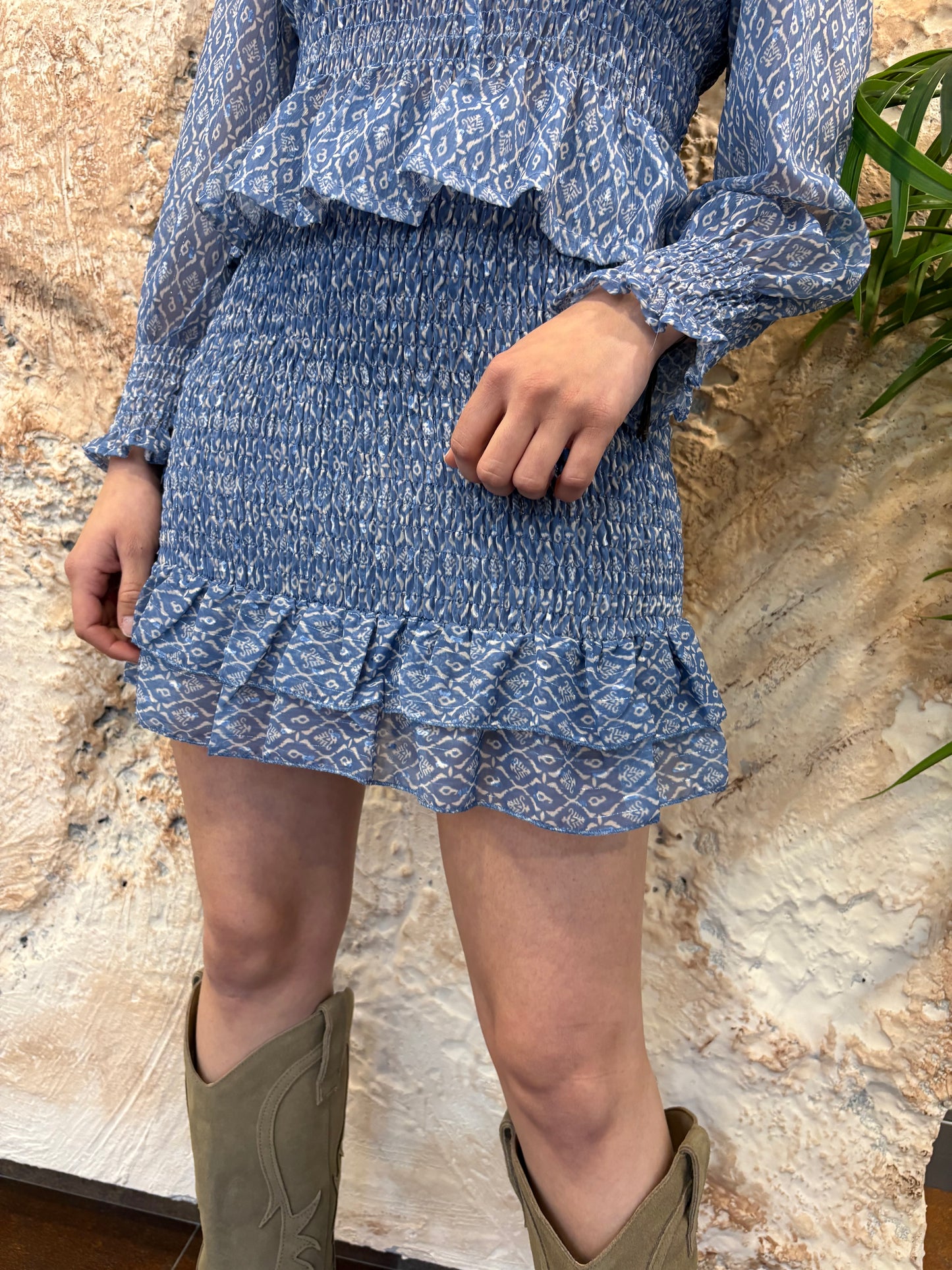 CONJUNTO ESTAMPADO BLUSA+ FALDA CELESTE