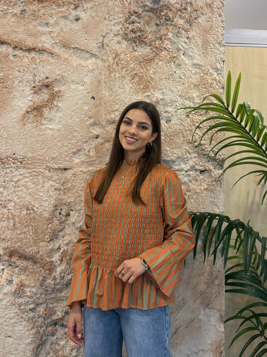 BLUSA PANEL DE ABEJA NARANJA-VERDE