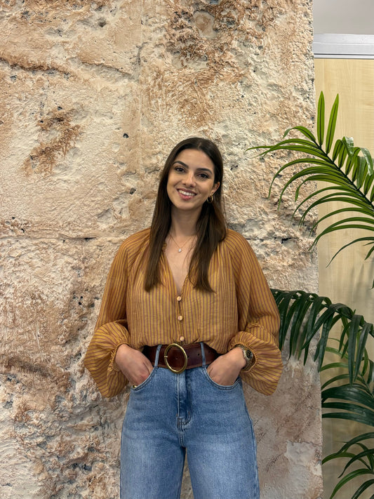 CAMISA RAYAS MOSTAZA-MORADA