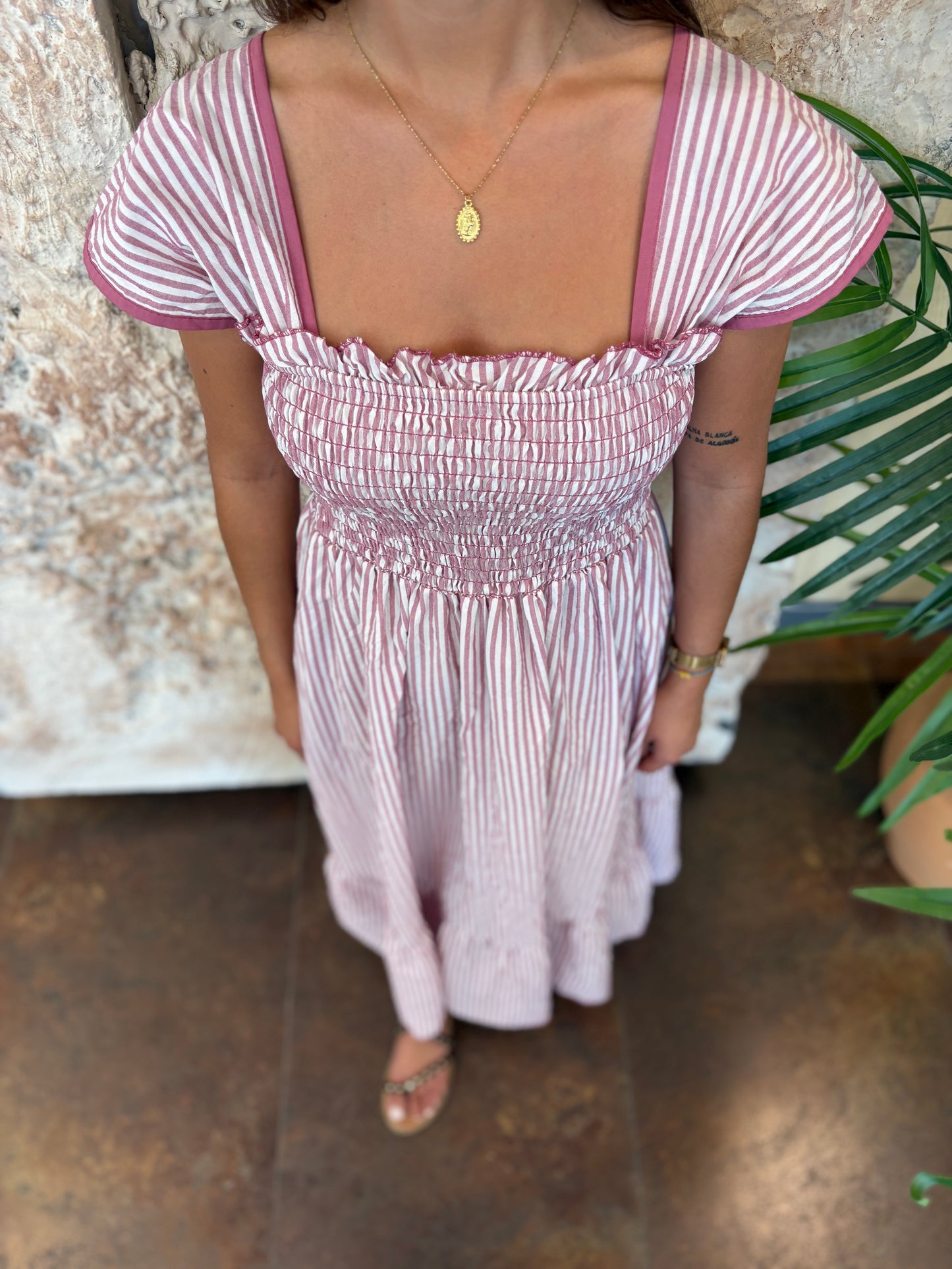 VESTIDO PANEL DE ABEJA RAYAS ROSA