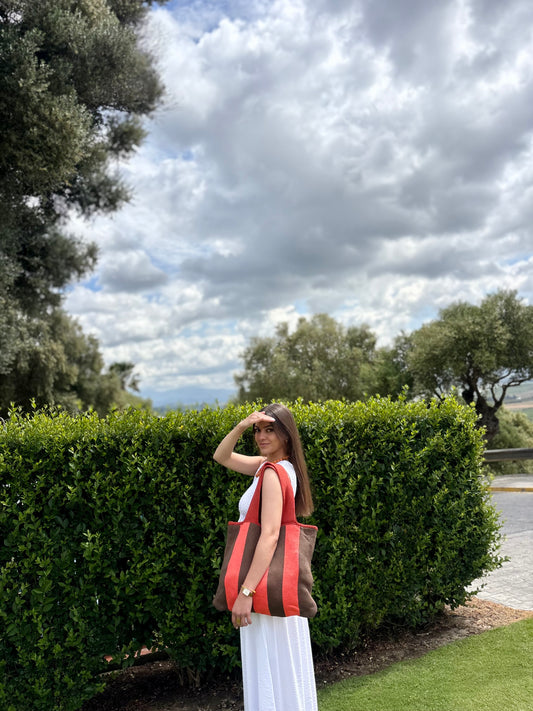 BOLSO PUNTO RAYAS NARANJA MARRÓN