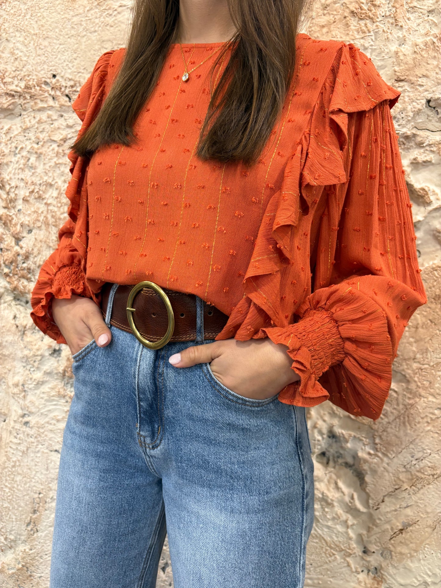BLUSA VOLANTES TOPITOS NARANJA