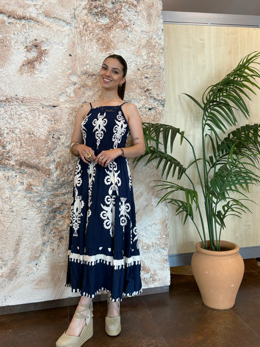 VESTIDO ESTAMPADO PANEL AZUL-BEIGE