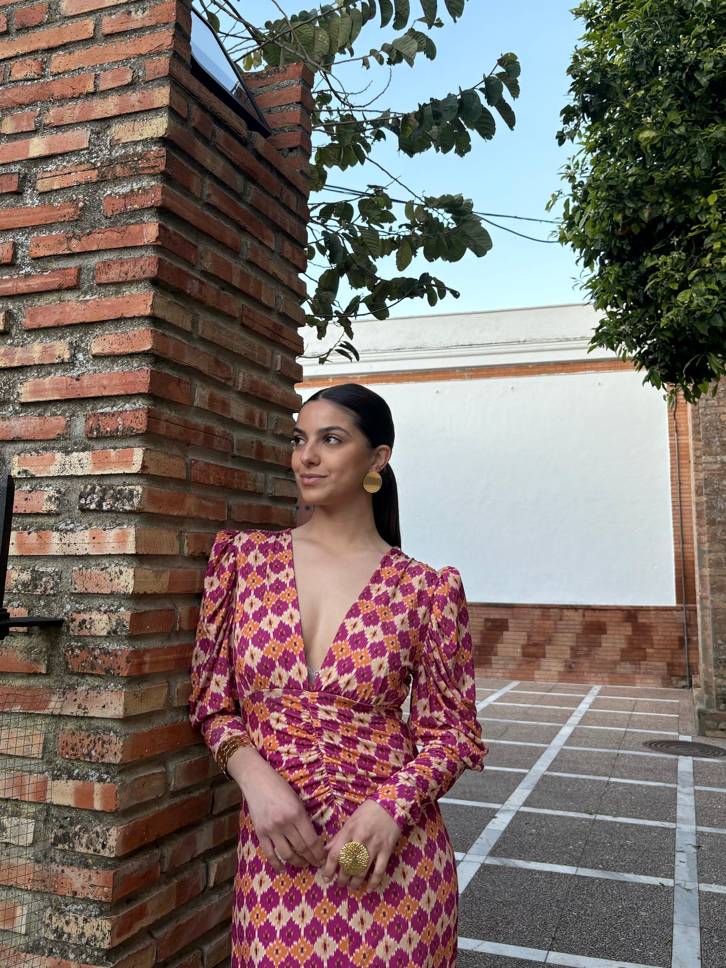 VESTIDO ESTAMPADO BUGANVILLA-NARANJA CUELLO PICO