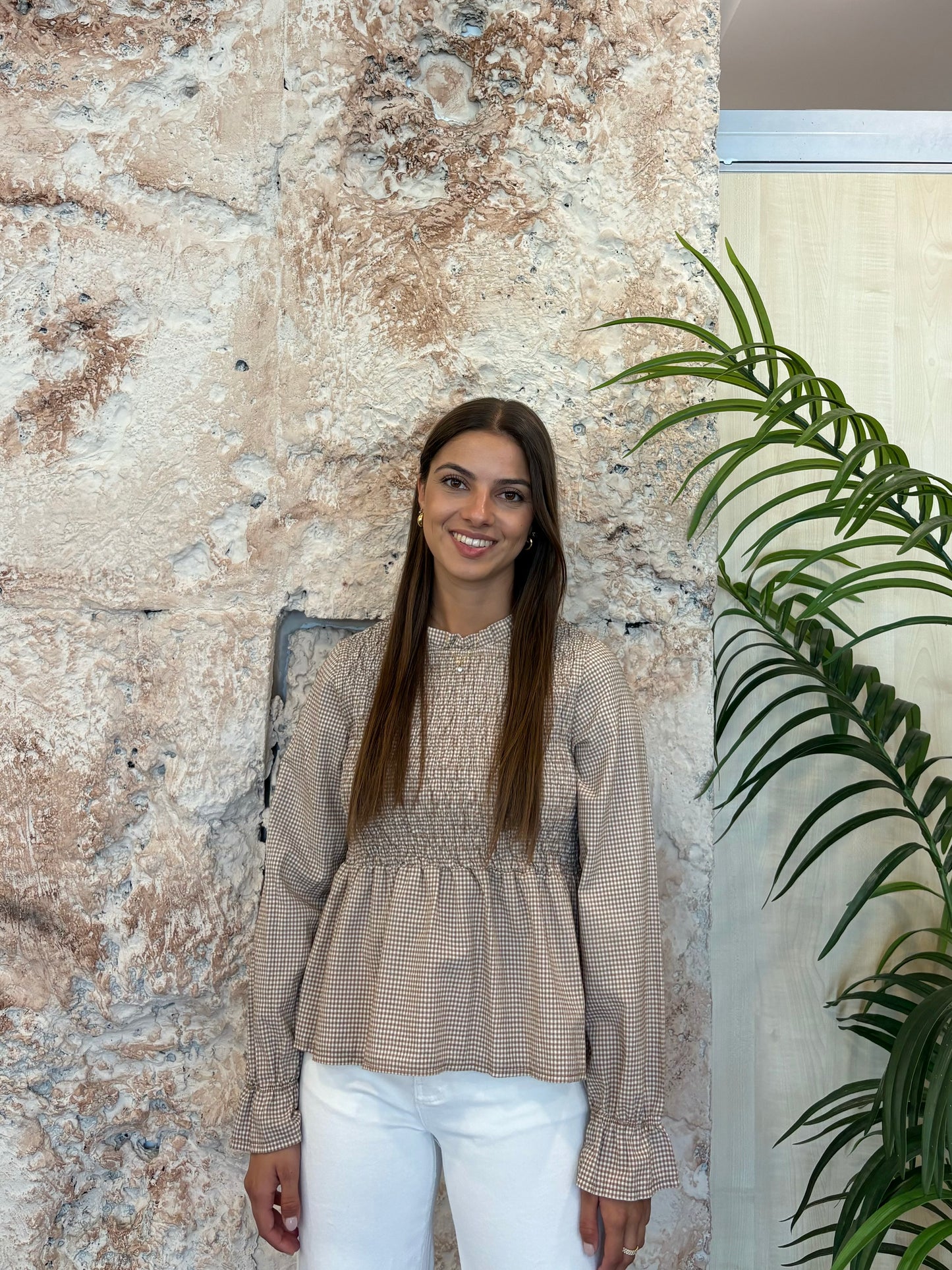 BLUSA PANEL DE ABEJA VICHY BEIGE